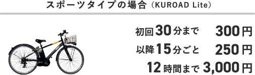 スポーツタイプの場合（KUROAD Lite） 初回30分まで300円 以降15分ごと250円 12時間まで3,000円