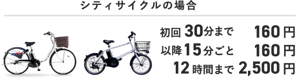 シティサイクルの場合 初回30分まで160円 以降15分ごと160円 12時間まで2,500円