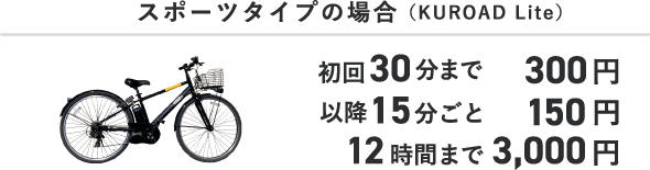 スポーツタイプの場合（KUROAD Lite） 初回30分まで300円 以降15分ごと150円 12時間まで3,000円